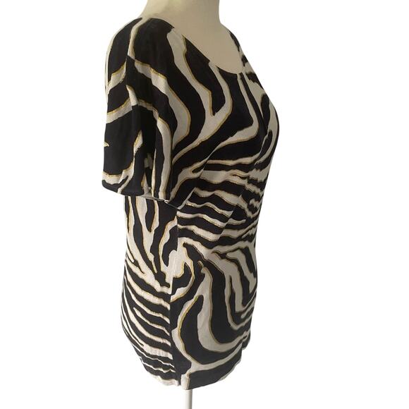 Cache Zebra Print Metallic Gold, Navy, & White Short Sleeve Sweater Small - Picture 4 of 13